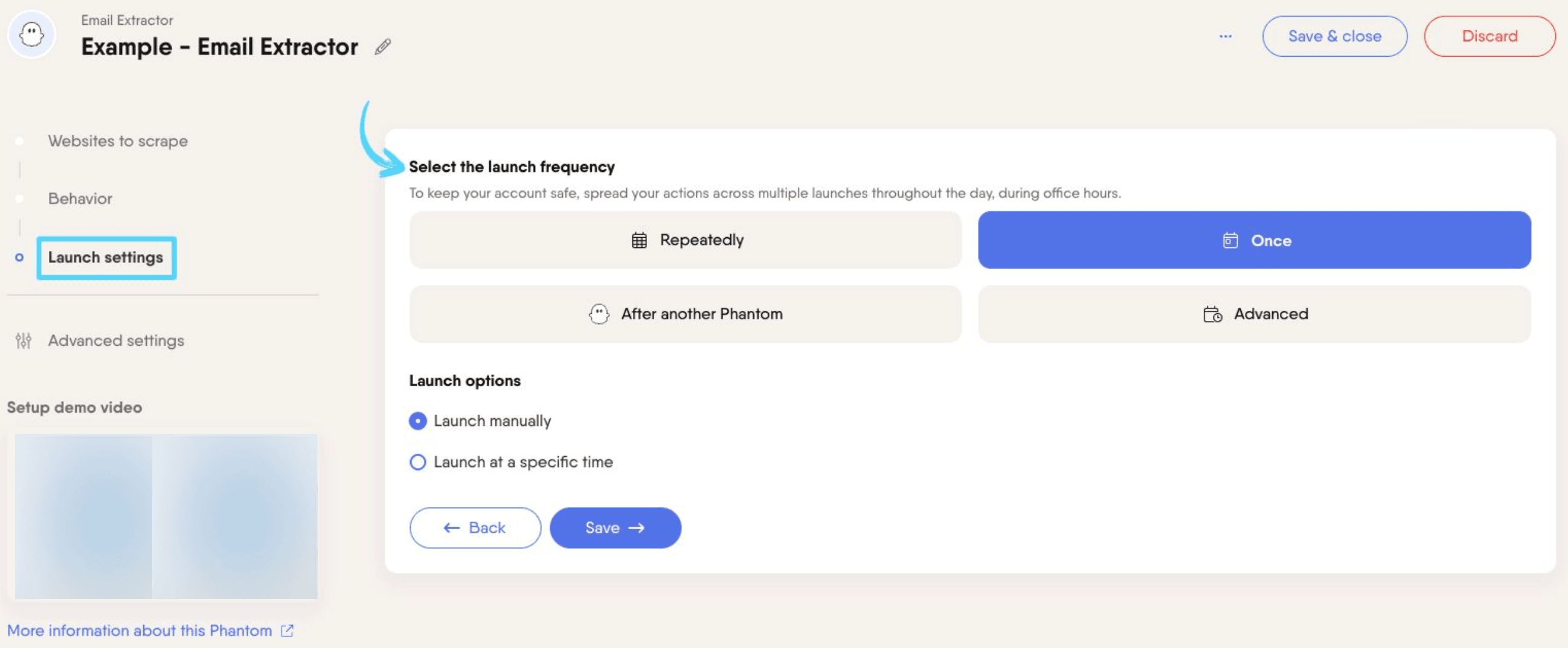 PhantomBuster Email Extractor step 3 selecting launch frequency