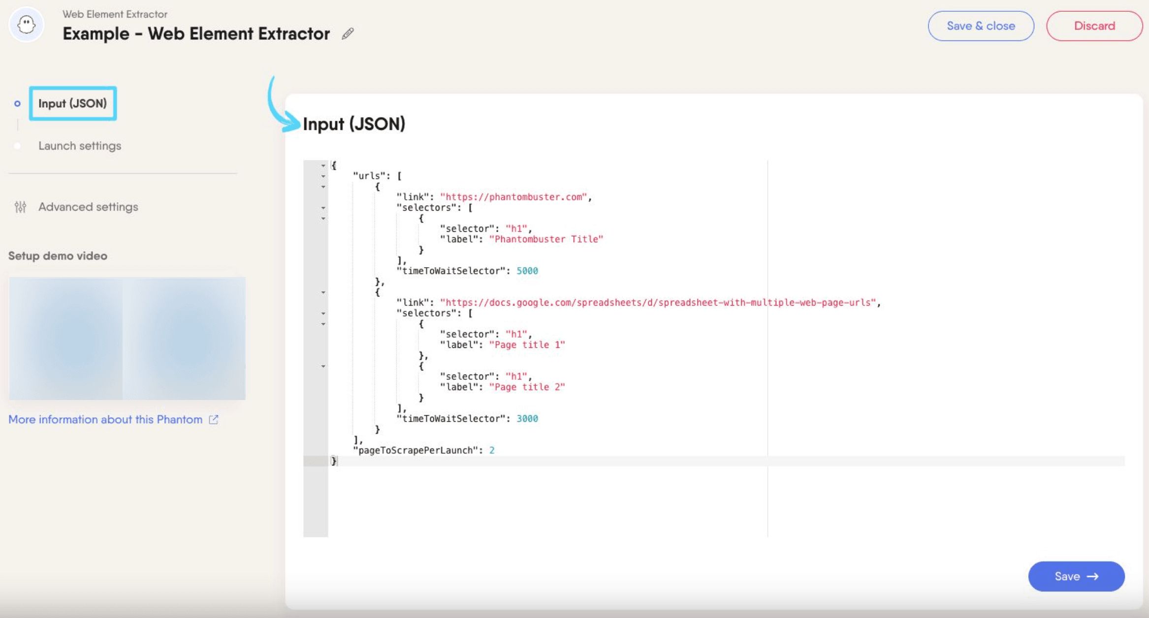 PhantomBuster Web Element Extractor step 1 adding web pages and CSS selectors to extract