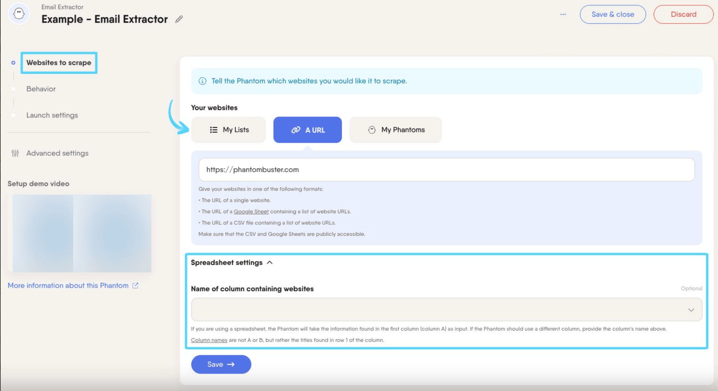 PhantomBuster Email Extractor step 1 providing website inputs