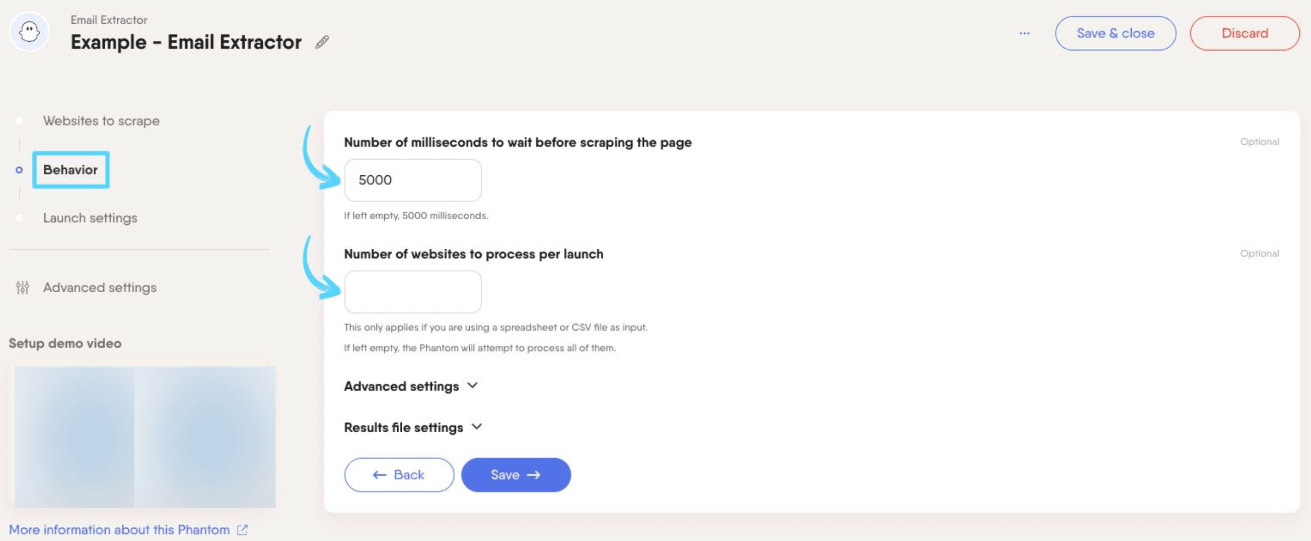 PhantomBuster Email Extractor step 2 configuring extraction settings