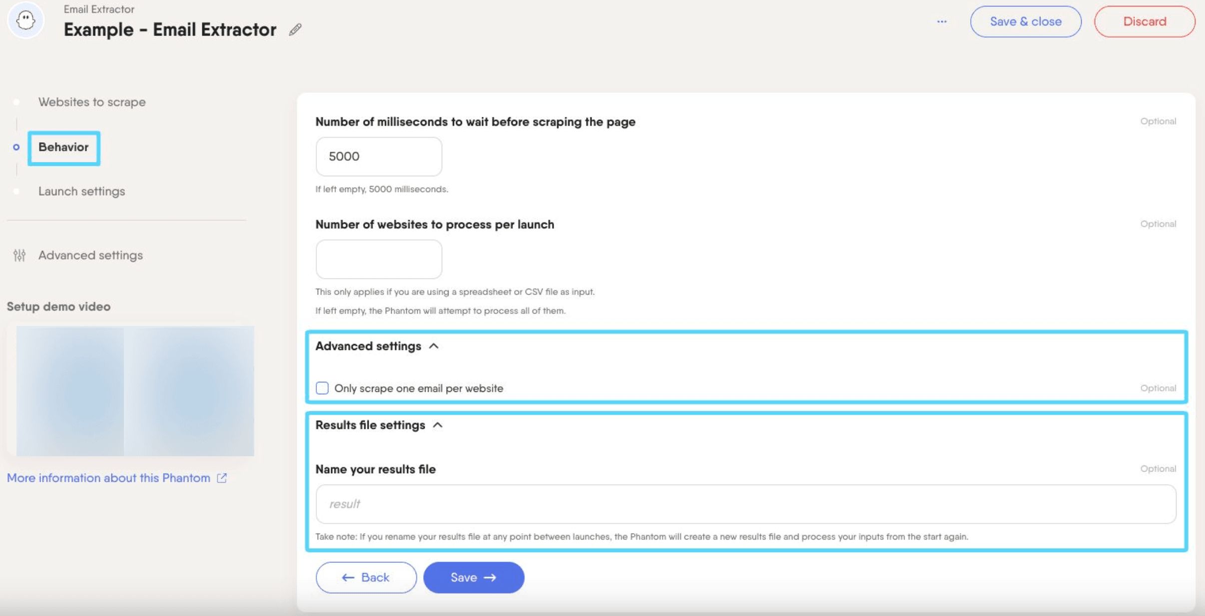 PhantomBuster Email Extractor step 2 advanced settings drop-down menus