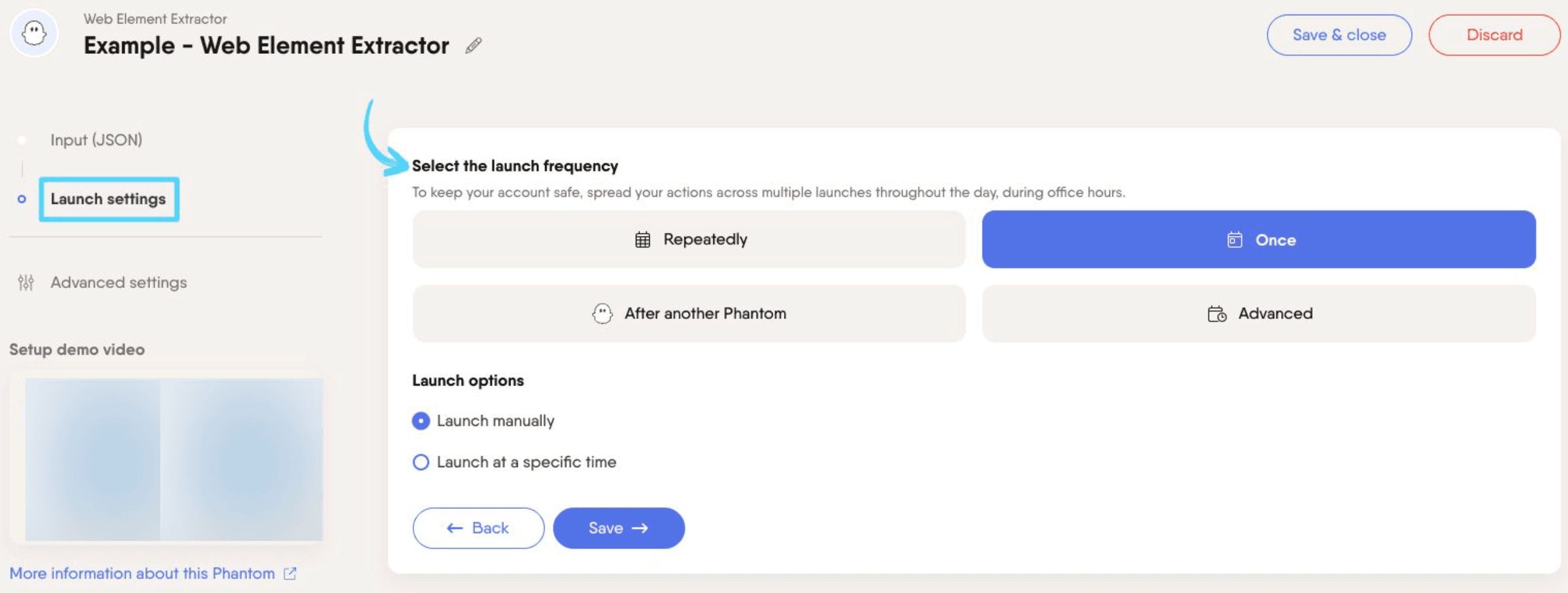 PhantomBuster Web Element Extractor step 2 selecting launch frequency