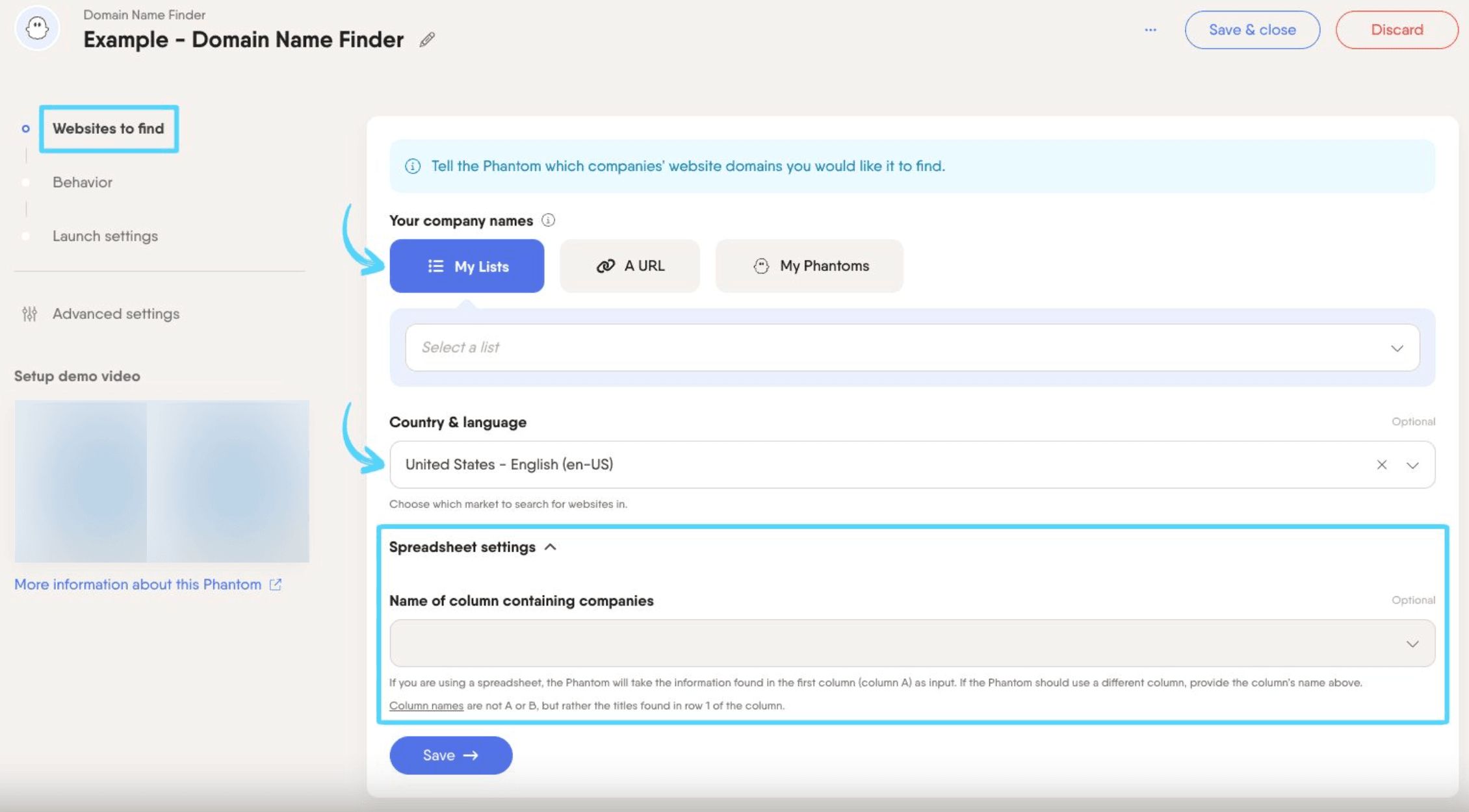 PhantomBuster Domain Name Finder step 1 providing the company names to process