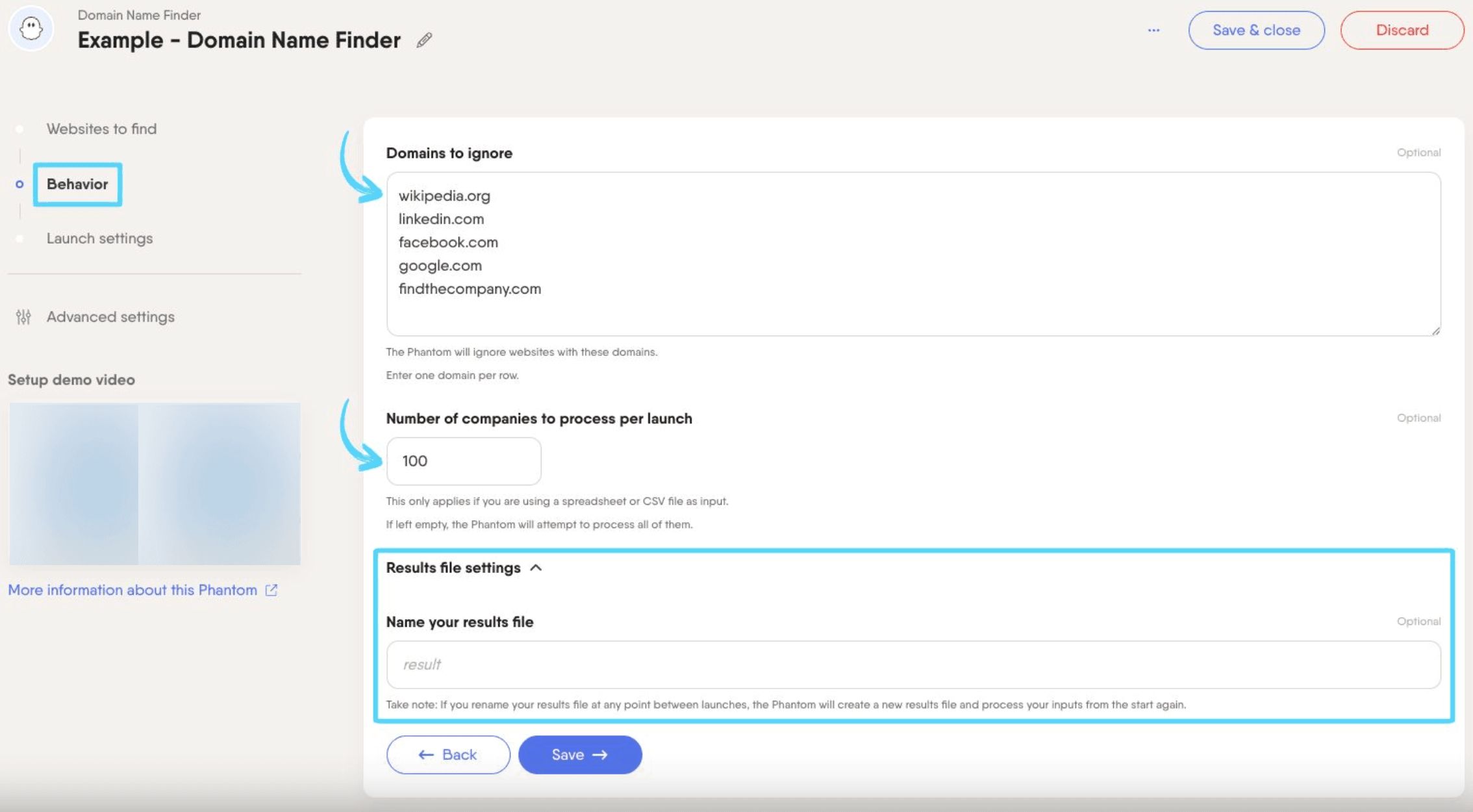 PhantomBuster Domain Name Finder step 2 configuring your processing settings
