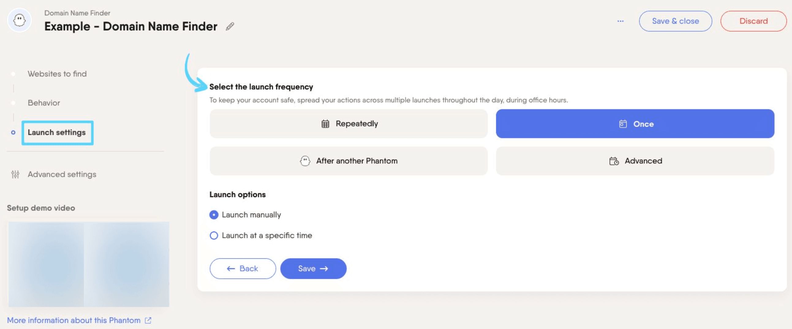 PhantomBuster Domain Name Finder step 3 selecting launch frequency