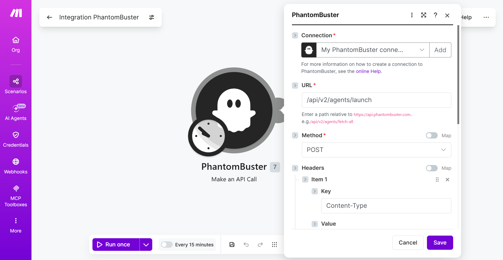 Make an API Call module showing the Connection, URL /api/v2/agents/launch, and Method POST