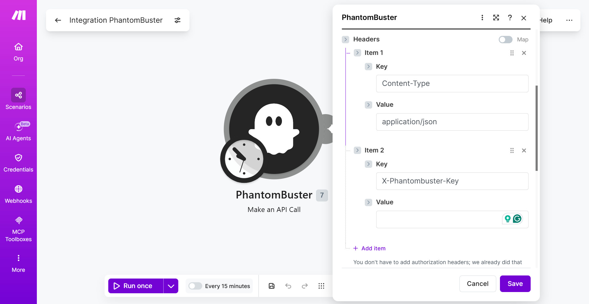 Headers section with Content-Type: application/json and X-Phantombuster-Key