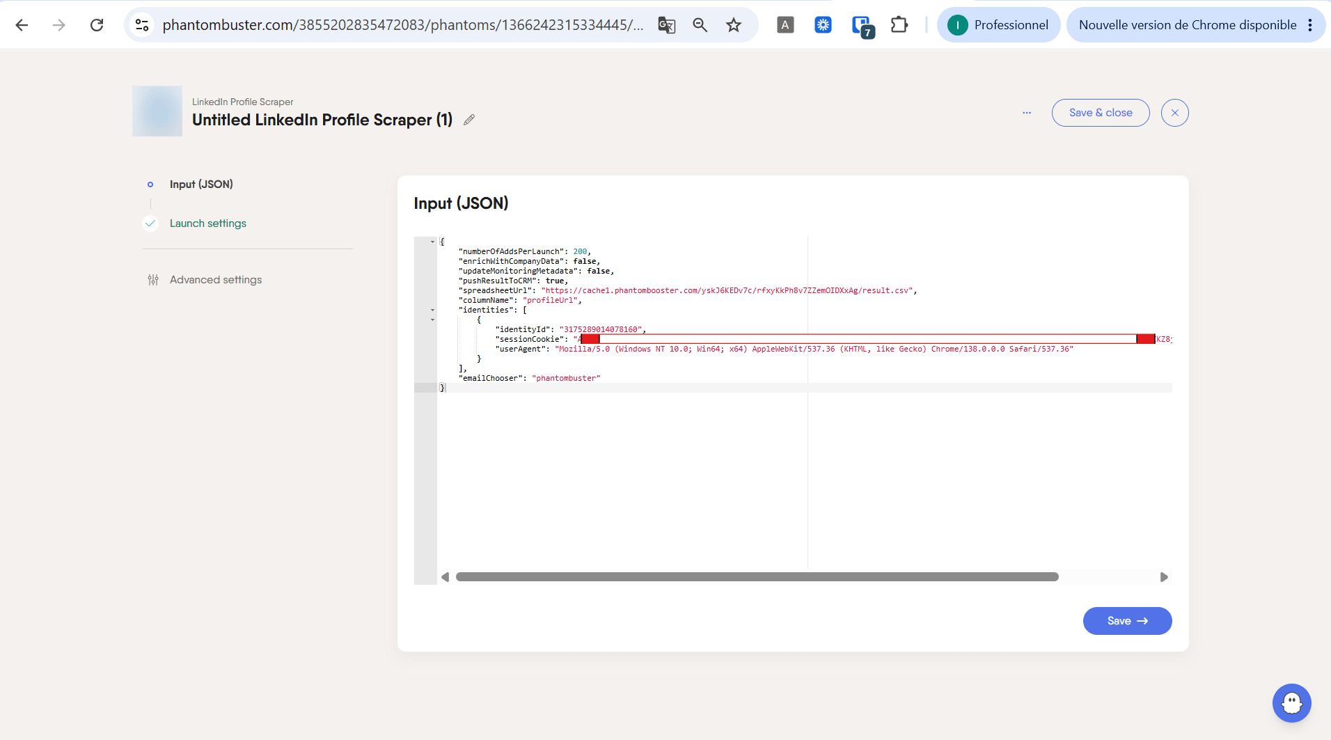 PhantomBuster console, LinkedIn Profile Scraper Input (JSON), where you copy the argument from.