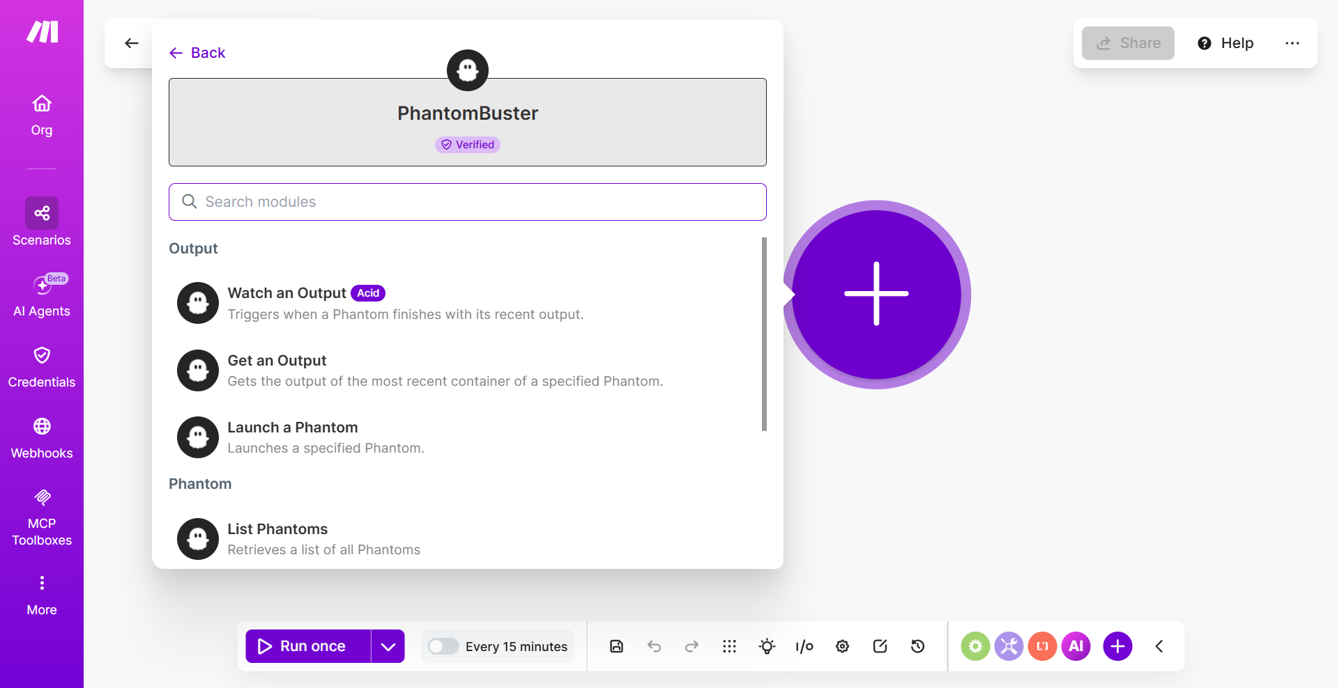 PhantomBuster module picker showing Watch an Output, Get an Output, Launch a Phantom, and List Phantoms