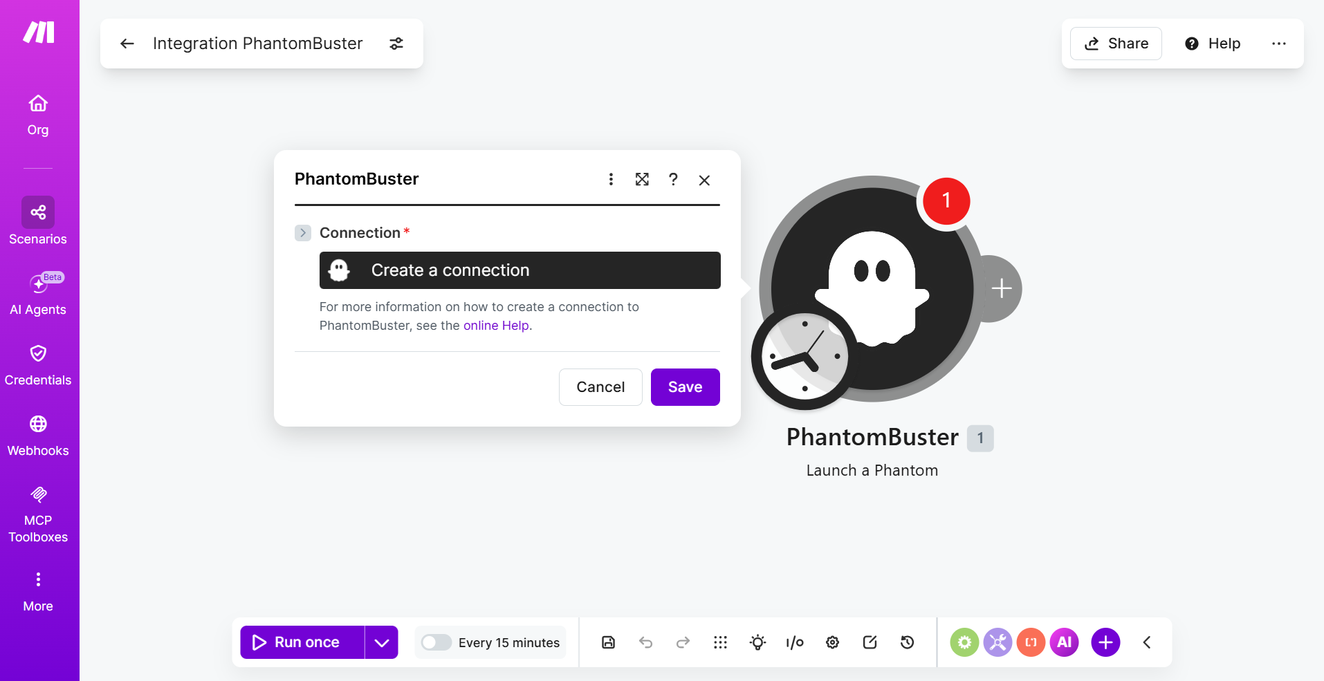 Launch a Phantom module with the Connection field and the Create a connection button