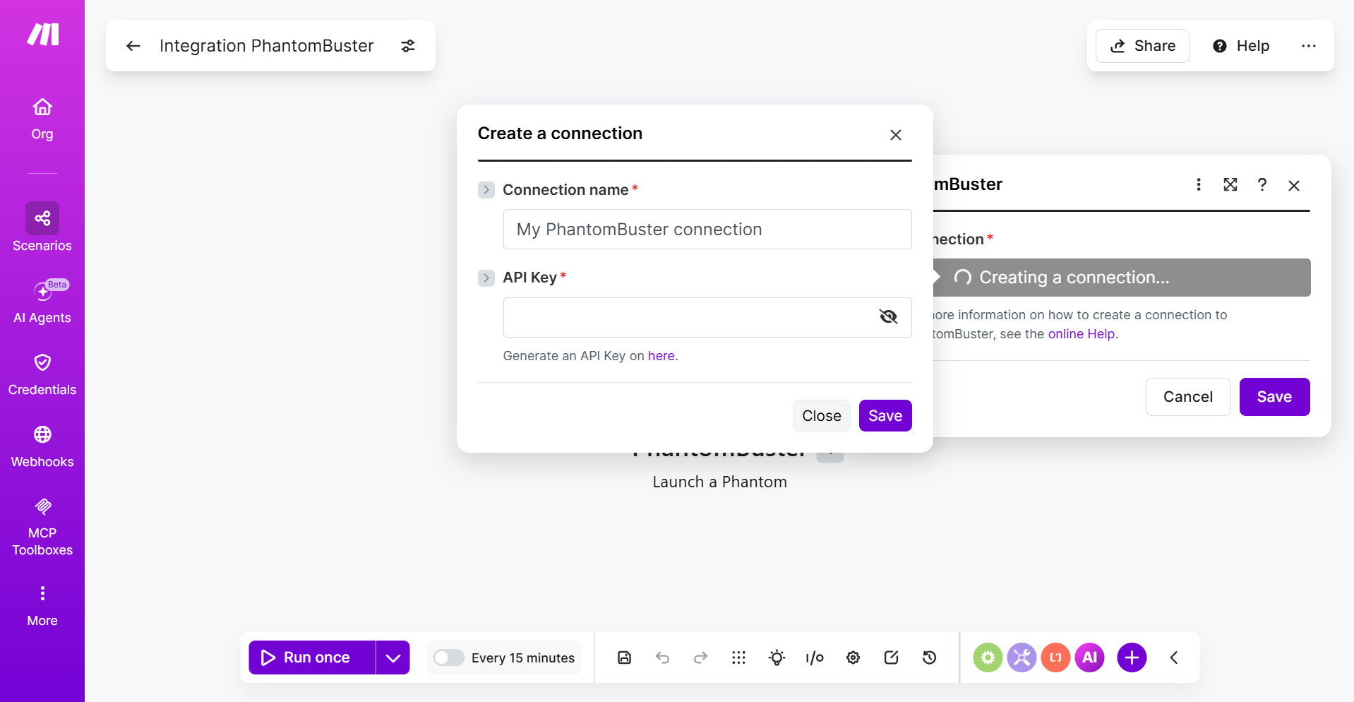 Create a connection dialog showing the Connection name and API Key fields