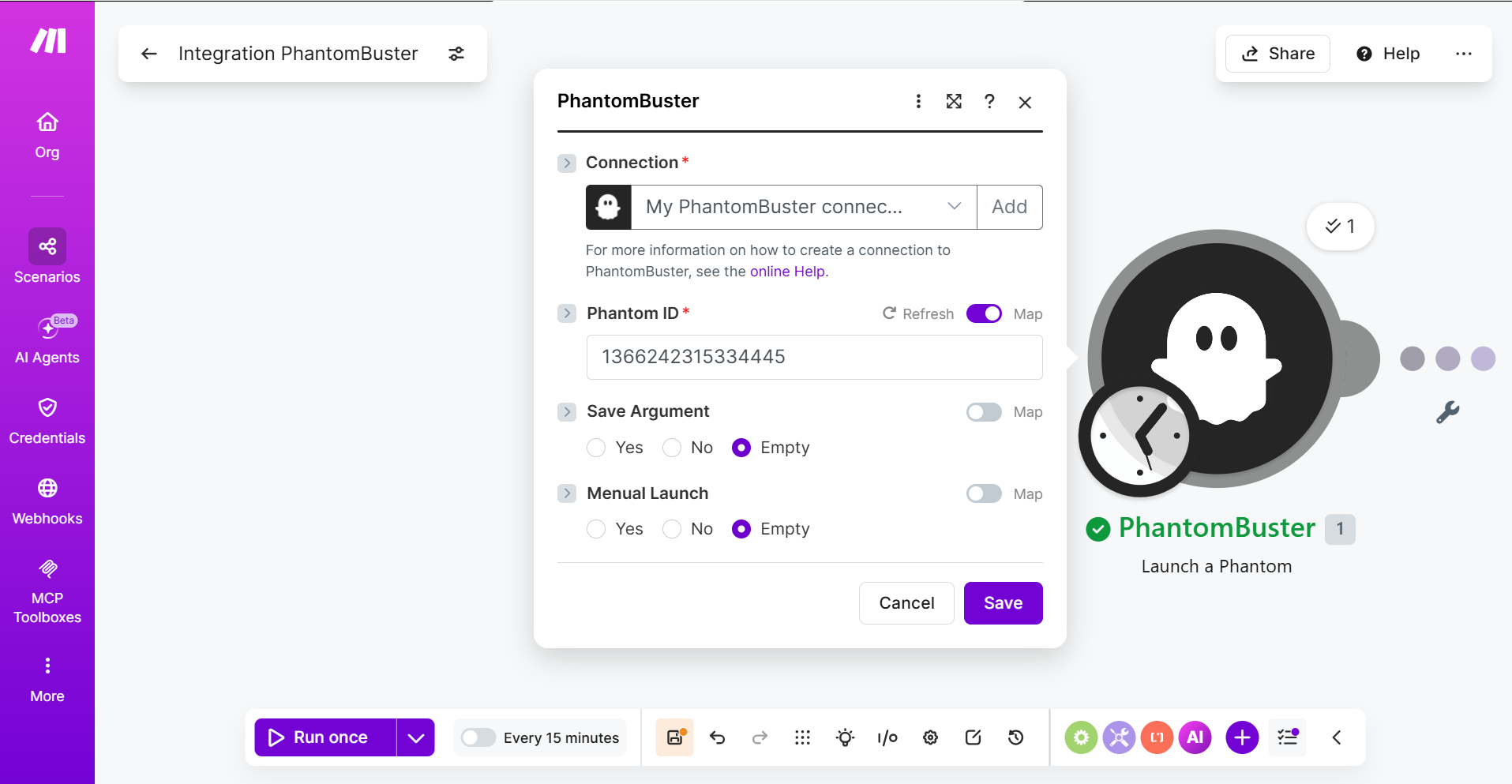 Launch a Phantom module with the Phantom ID field filled in