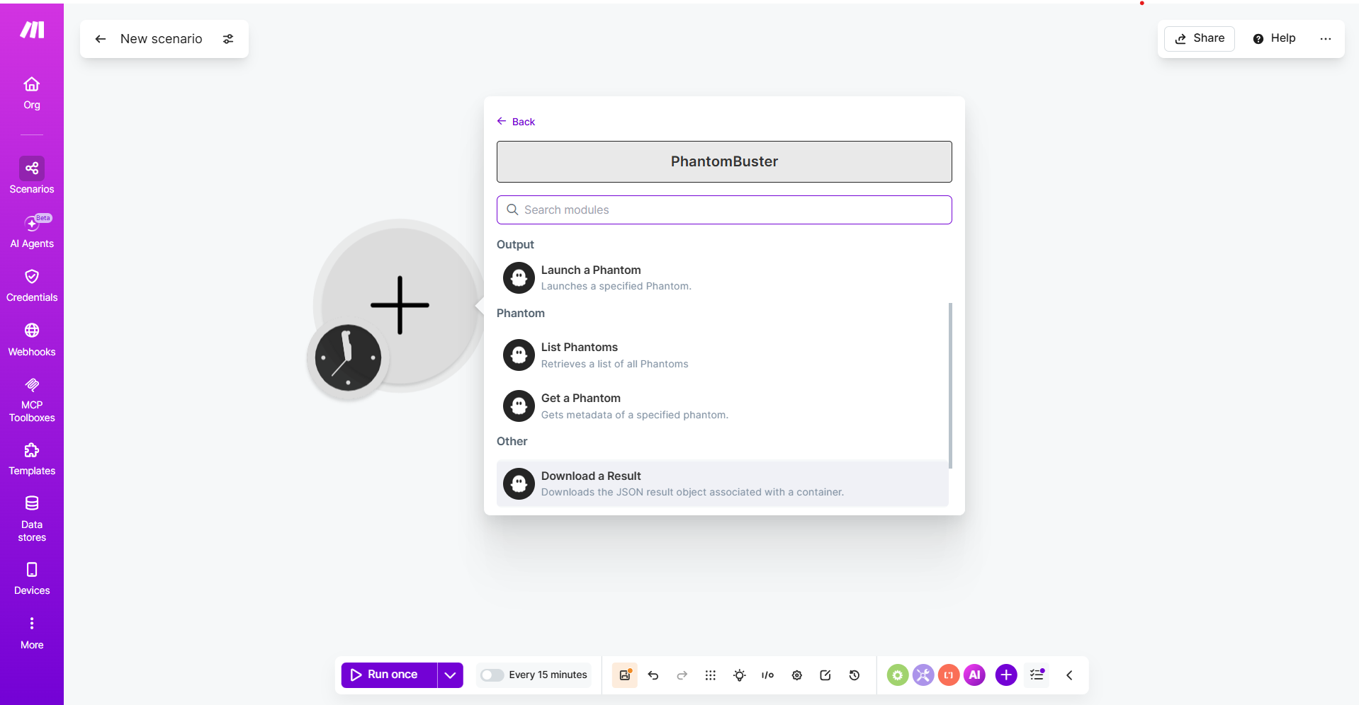 PhantomBuster module picker with Download a Result highlighted under Other