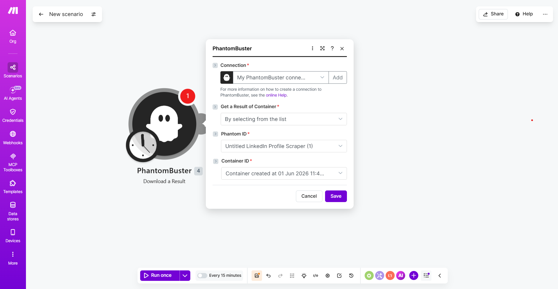 Download a Result module showing Connection, Phantom ID, and Container ID selected