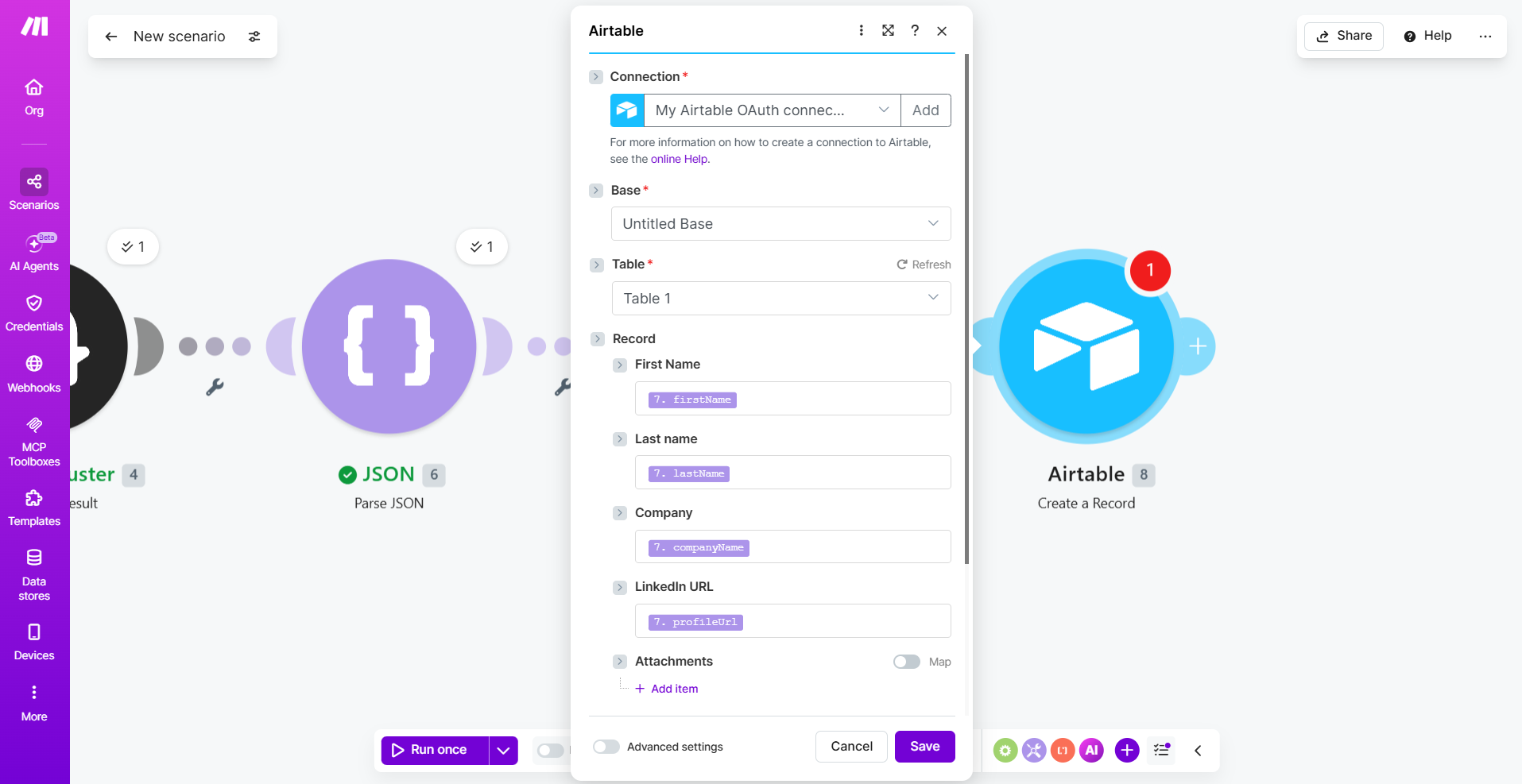 Airtable Create a Record module with columns mapped to parsed fields