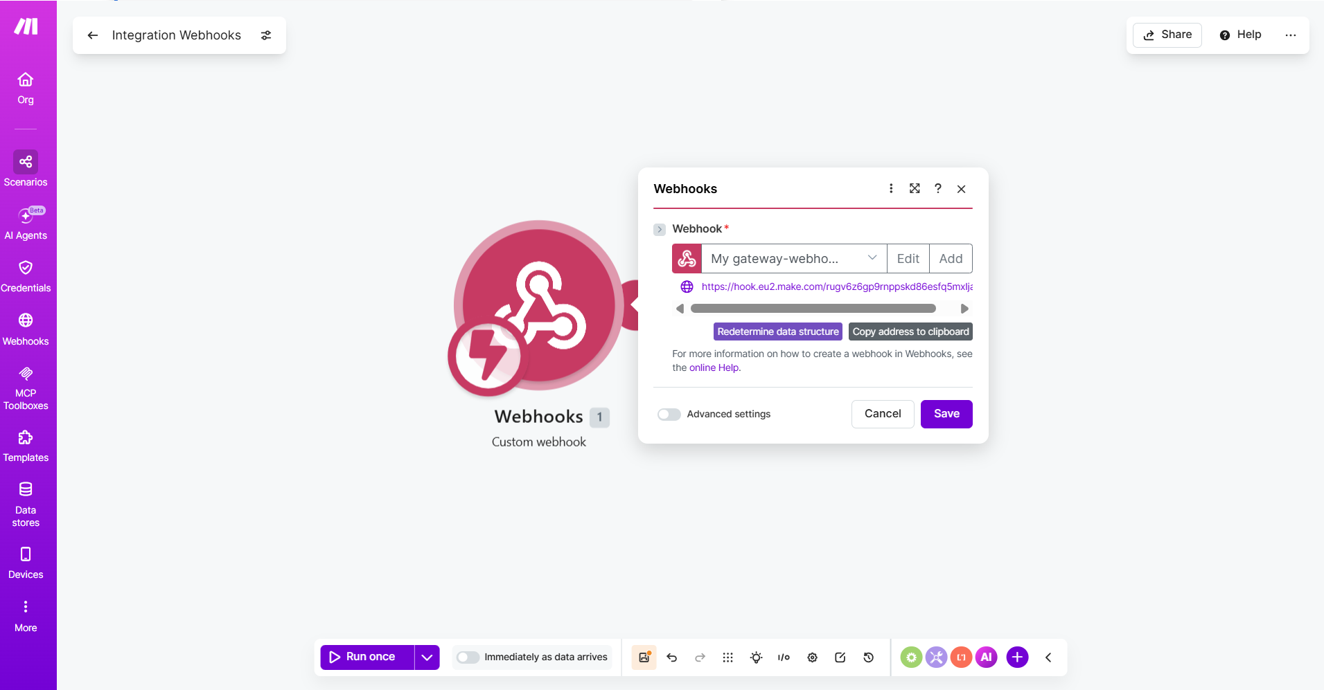 Make Custom webhook module showing the generated URL and Copy address to clipboard.