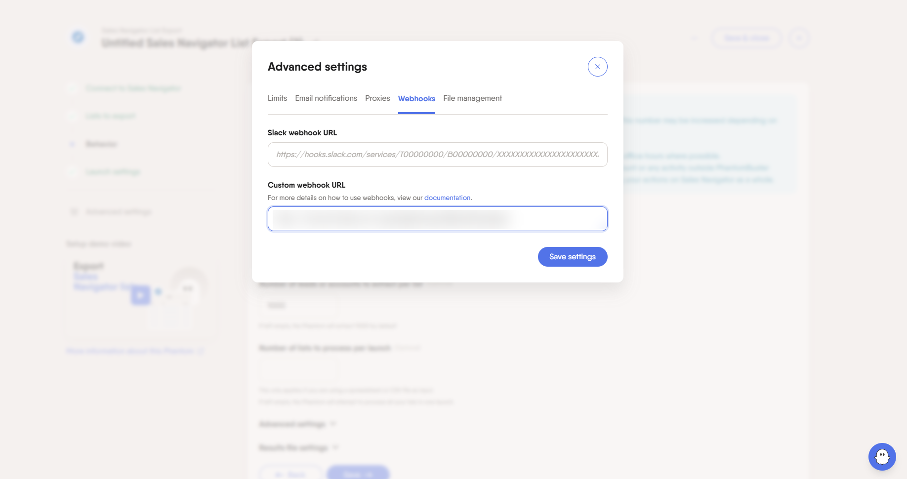 Phantom Advanced settings → Webhooks tab with the Make URL in the Custom webhook URL field
