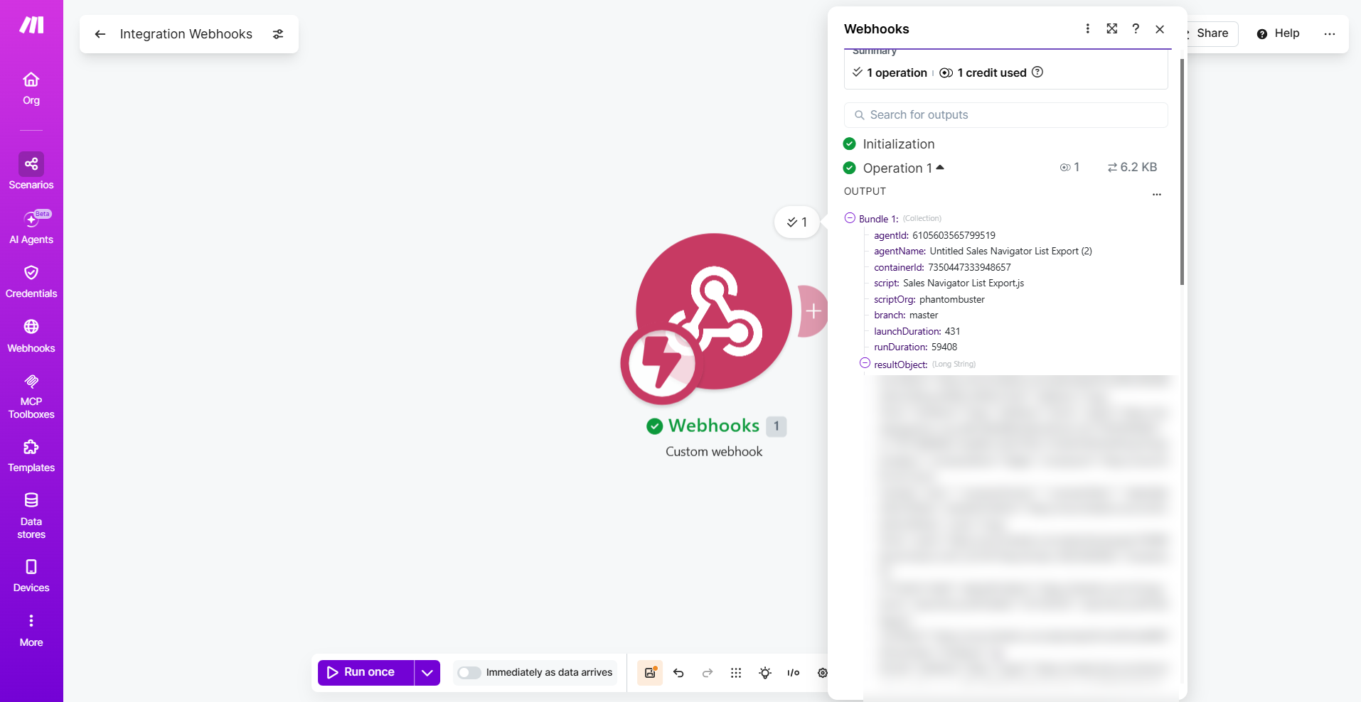 Make webhook output showing agentName, containerId, and resultObject