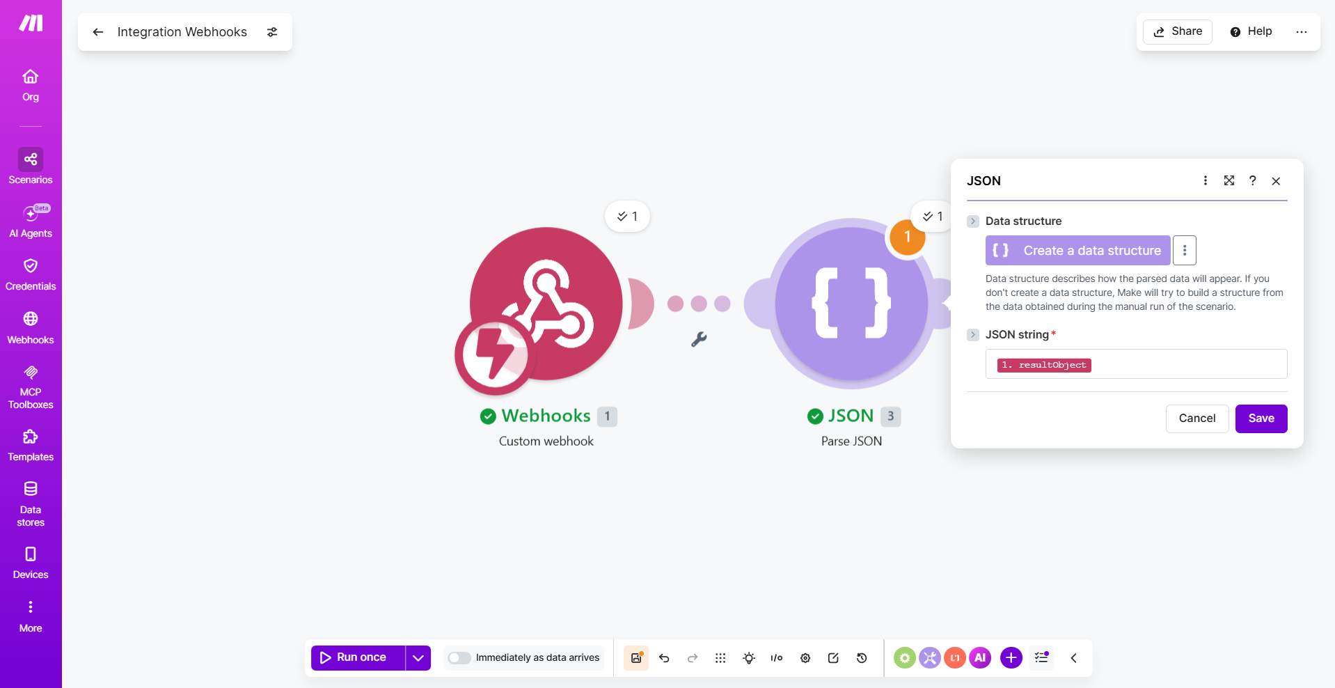 Parse JSON module with JSON string mapped to resultObject