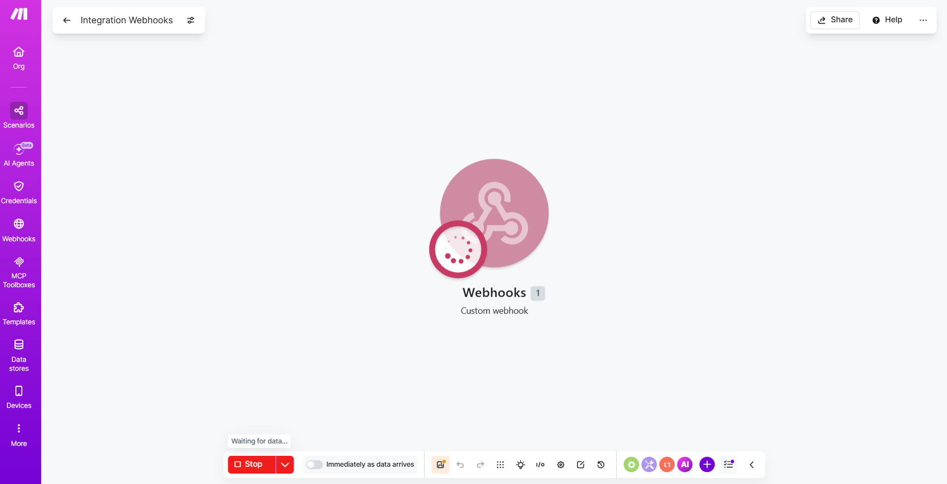 Make Custom webhook module showing "Waiting for data…"