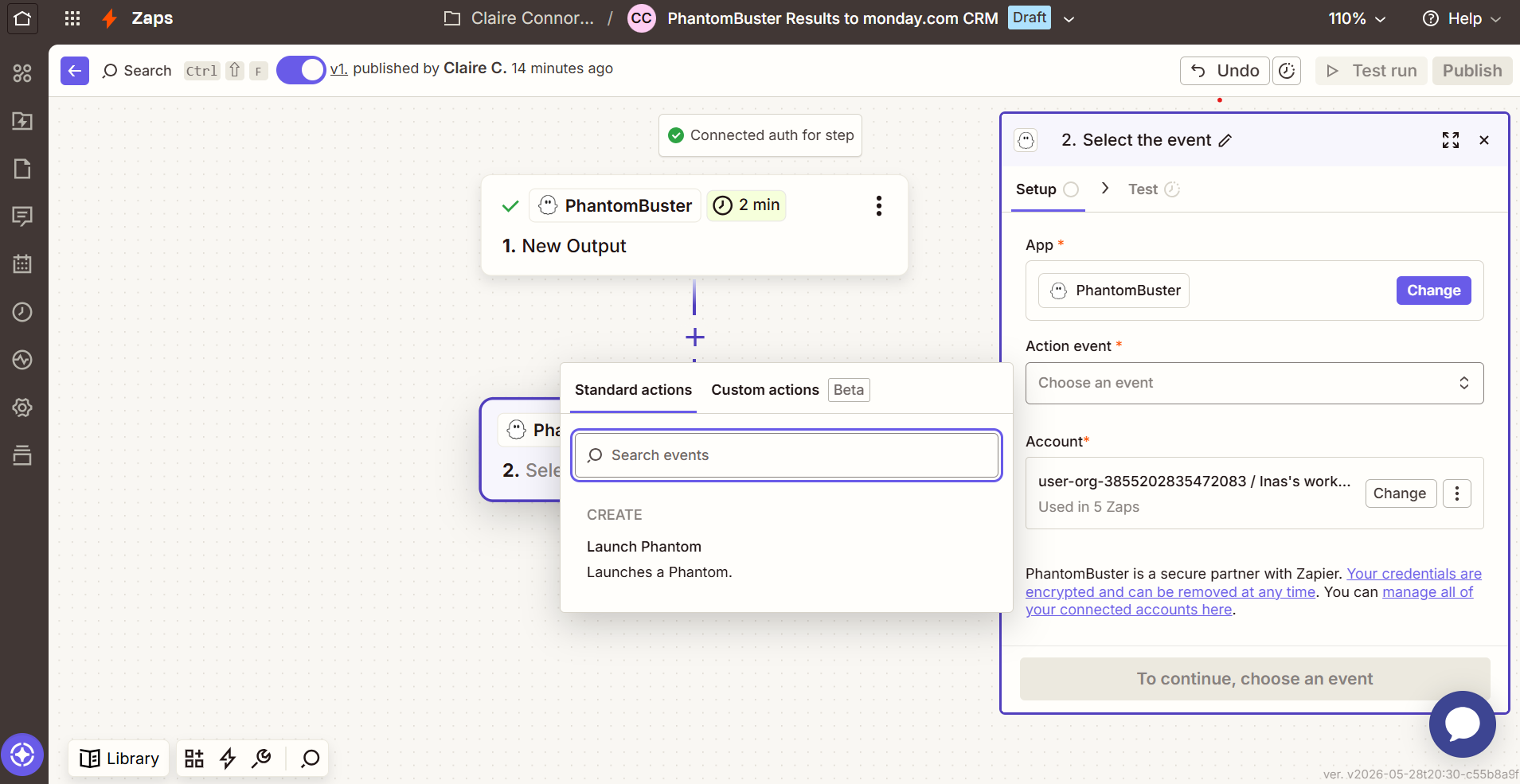 Zapier action step with PhantomBuster selected and the Launch Phantom event
