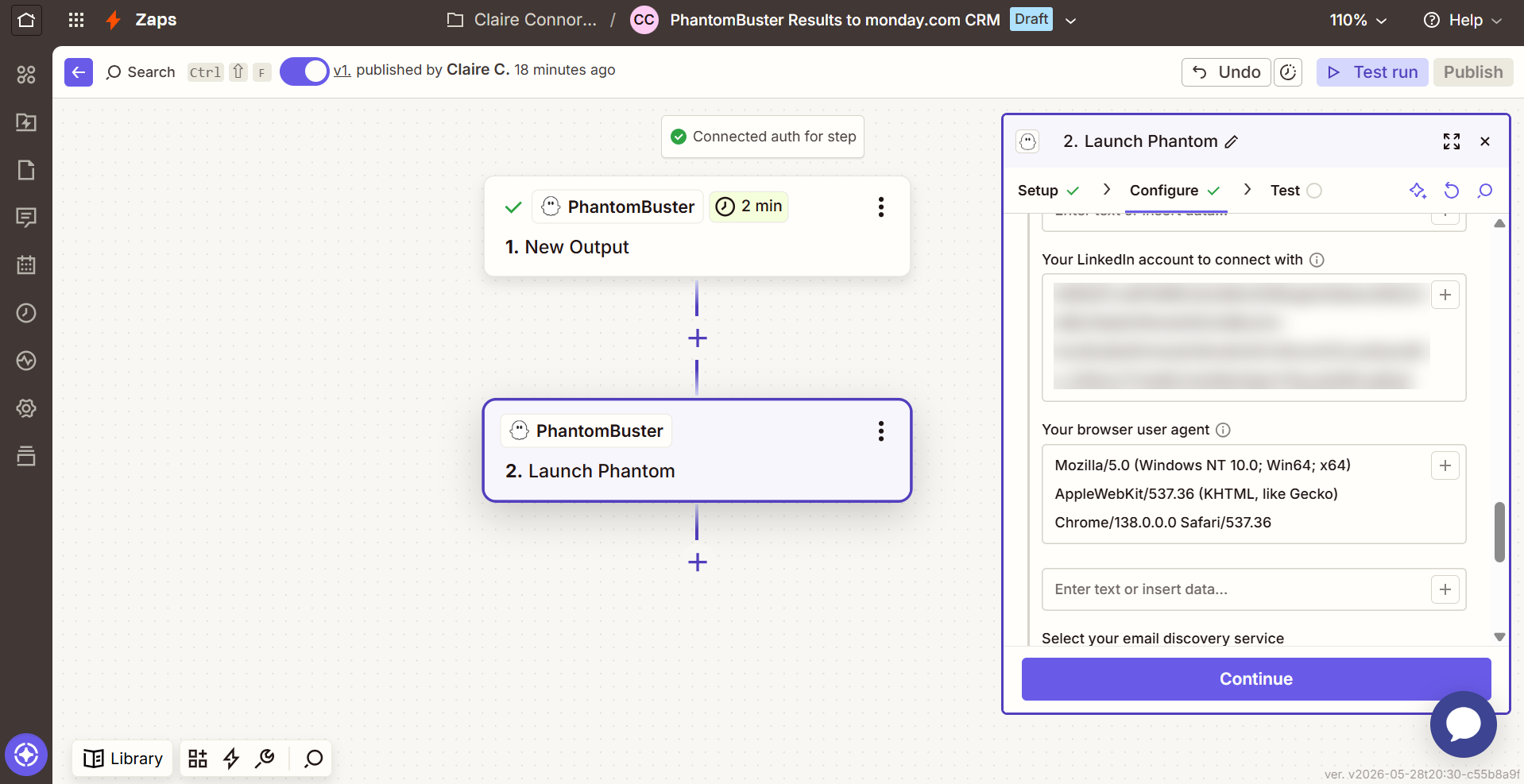 Configure step with the session cookie and user agent filled in
