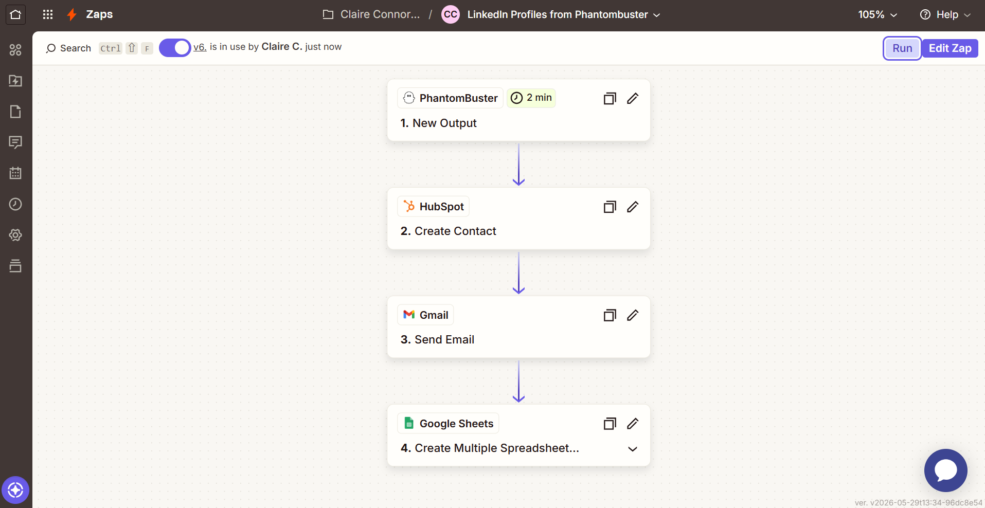 full Zap overview: 1. New Output → 2. Create Contact (HubSpot) → 3. Send Email (Gmail) → 4. Create Multiple Spreadsheet Rows (Google Sheets)