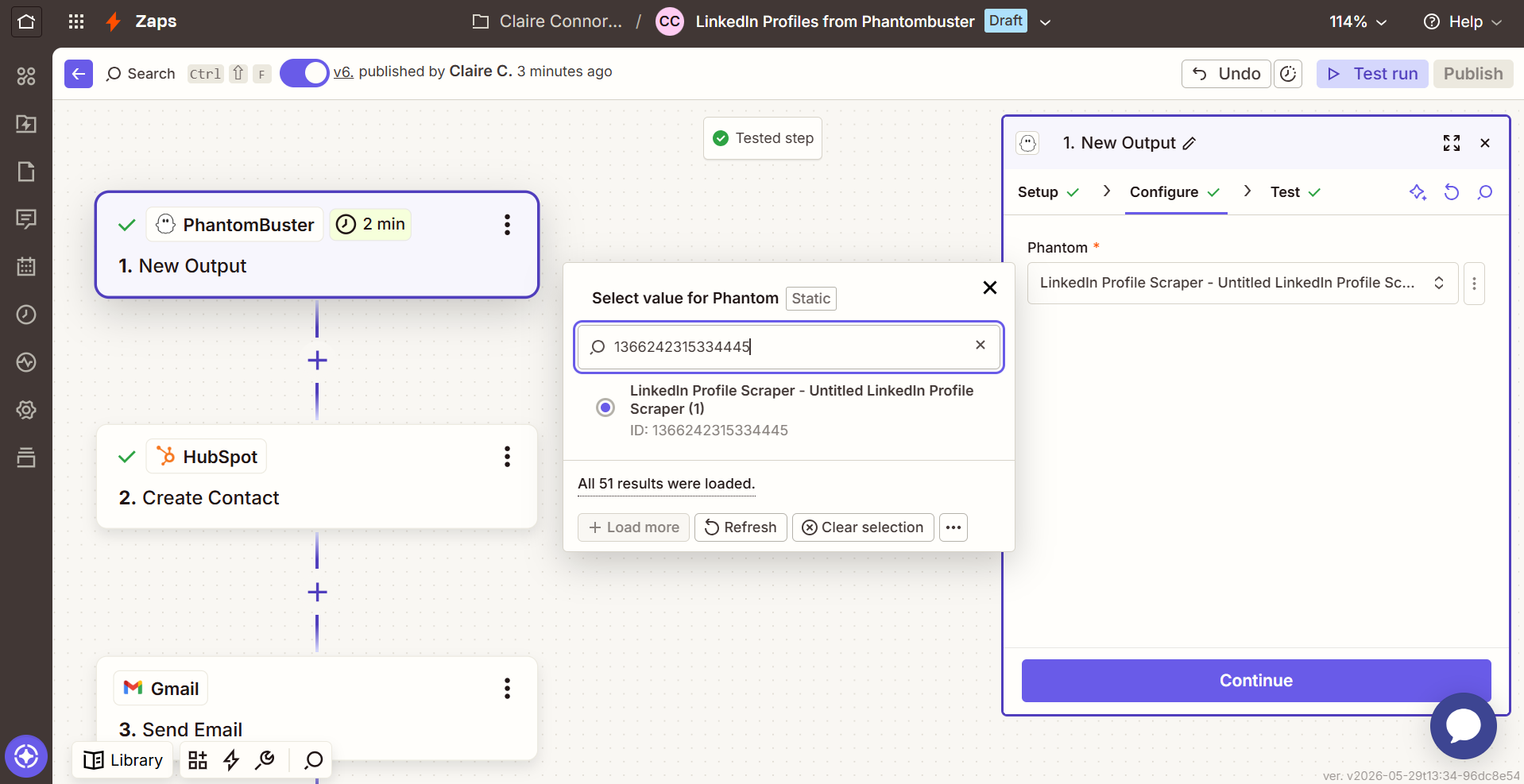 New Output configure step with the Phantom selected
