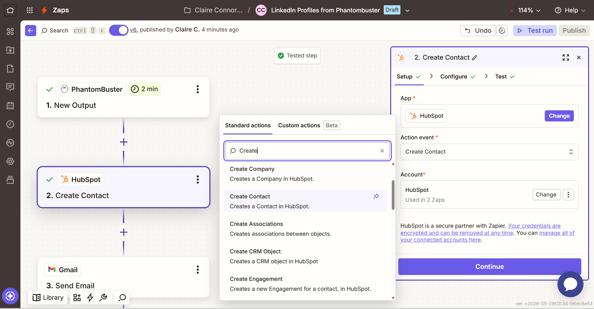 HubSpot action step with Create Contact selected