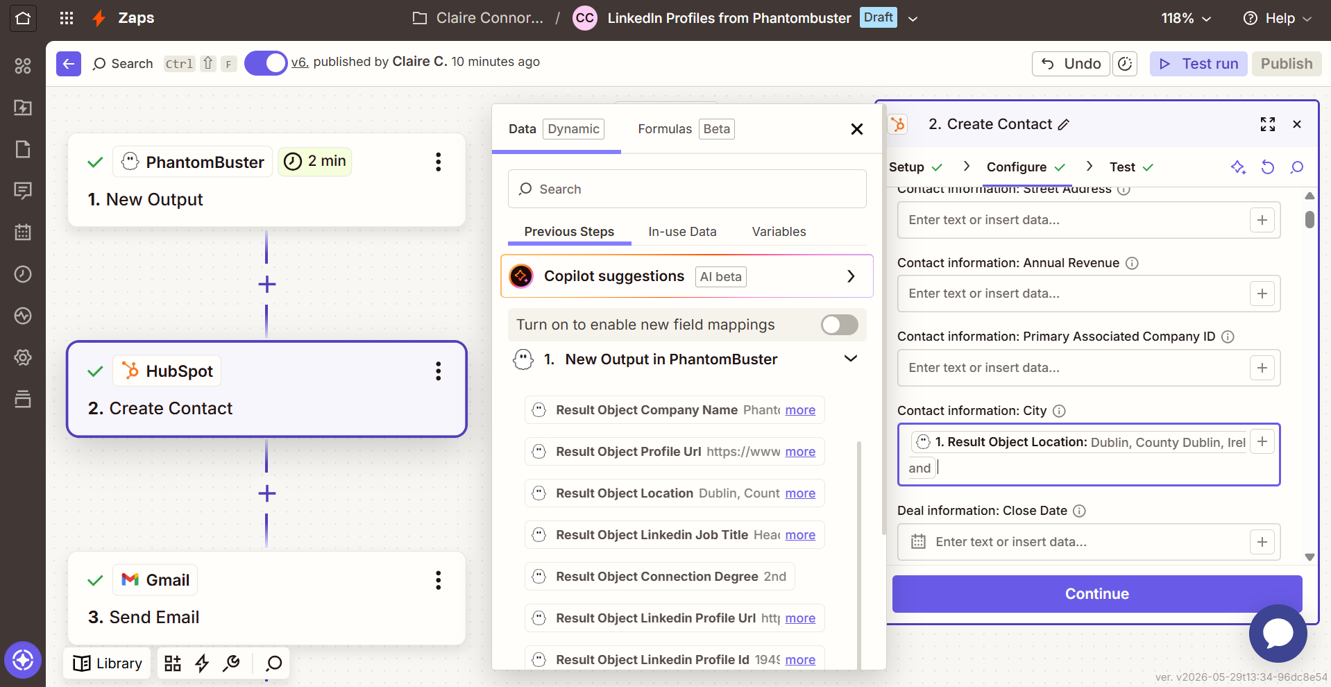 Create Contact configure step mapping Result Object fields to HubSpot properties