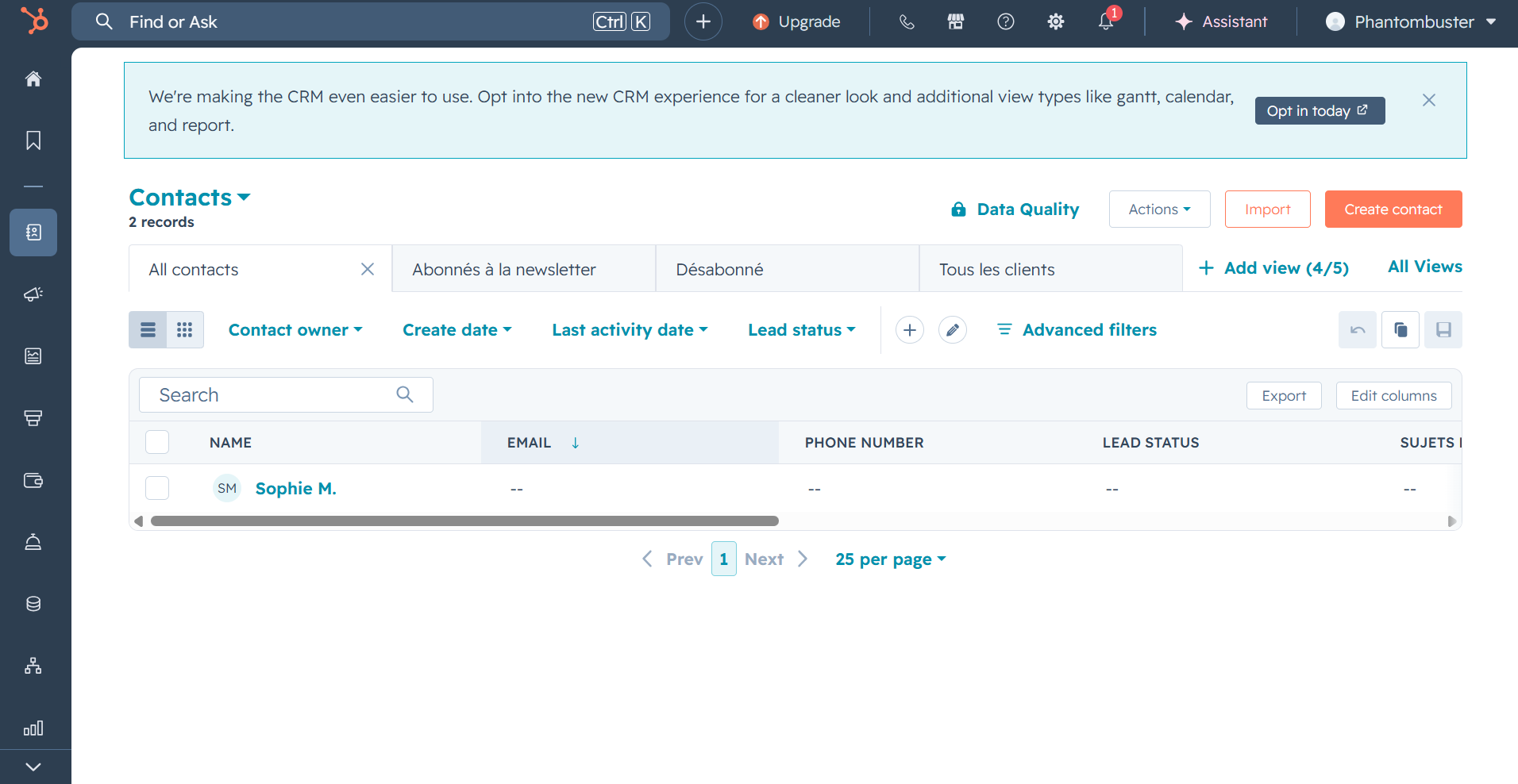 HubSpot Contacts list showing the created contact