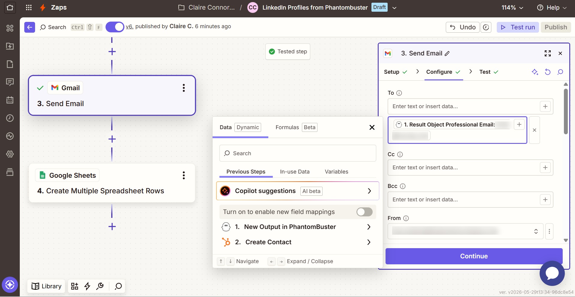 Gmail Send Email step with the To field mapped to the scraped email