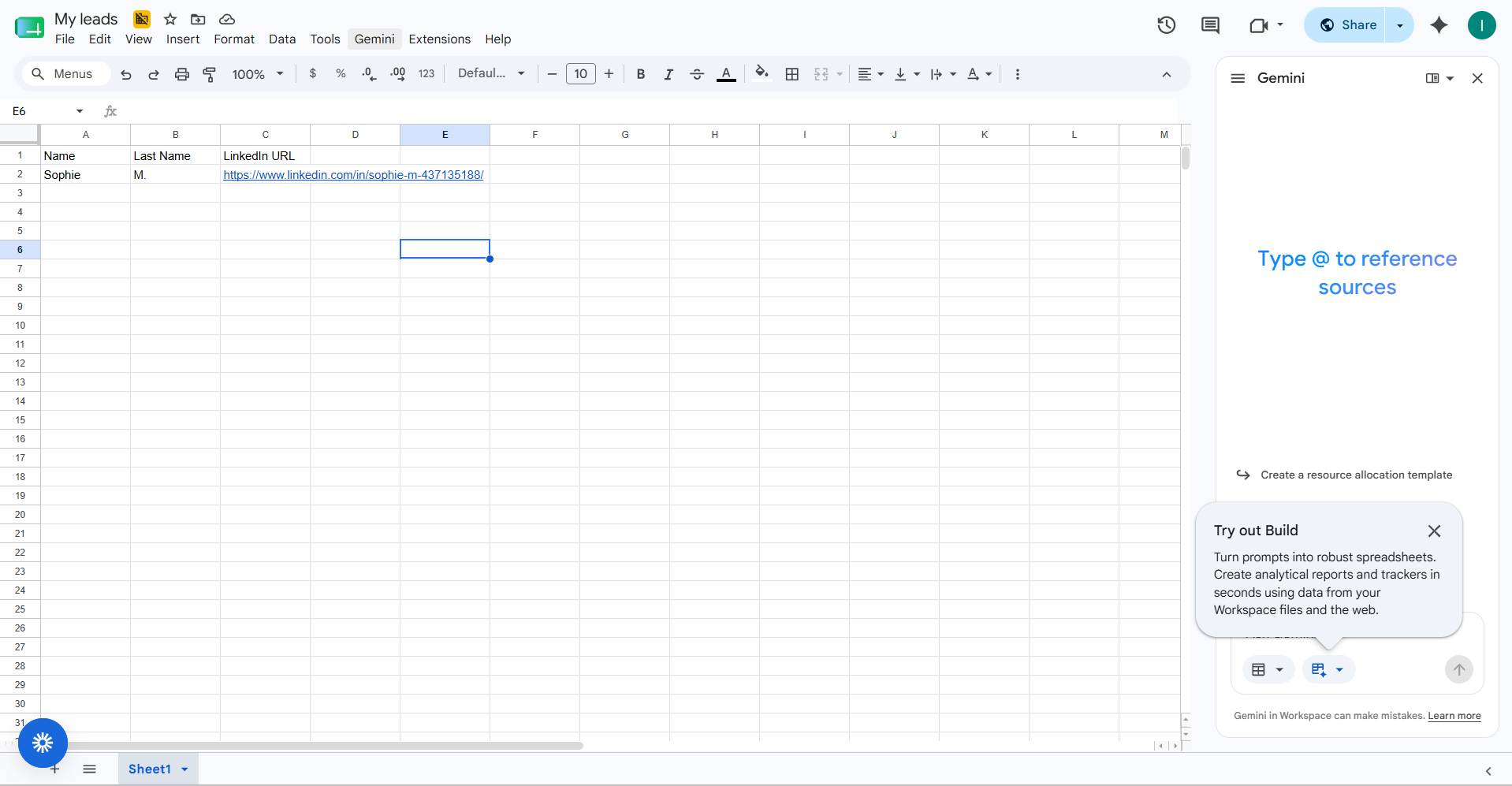 Google Sheet showing the new lead row