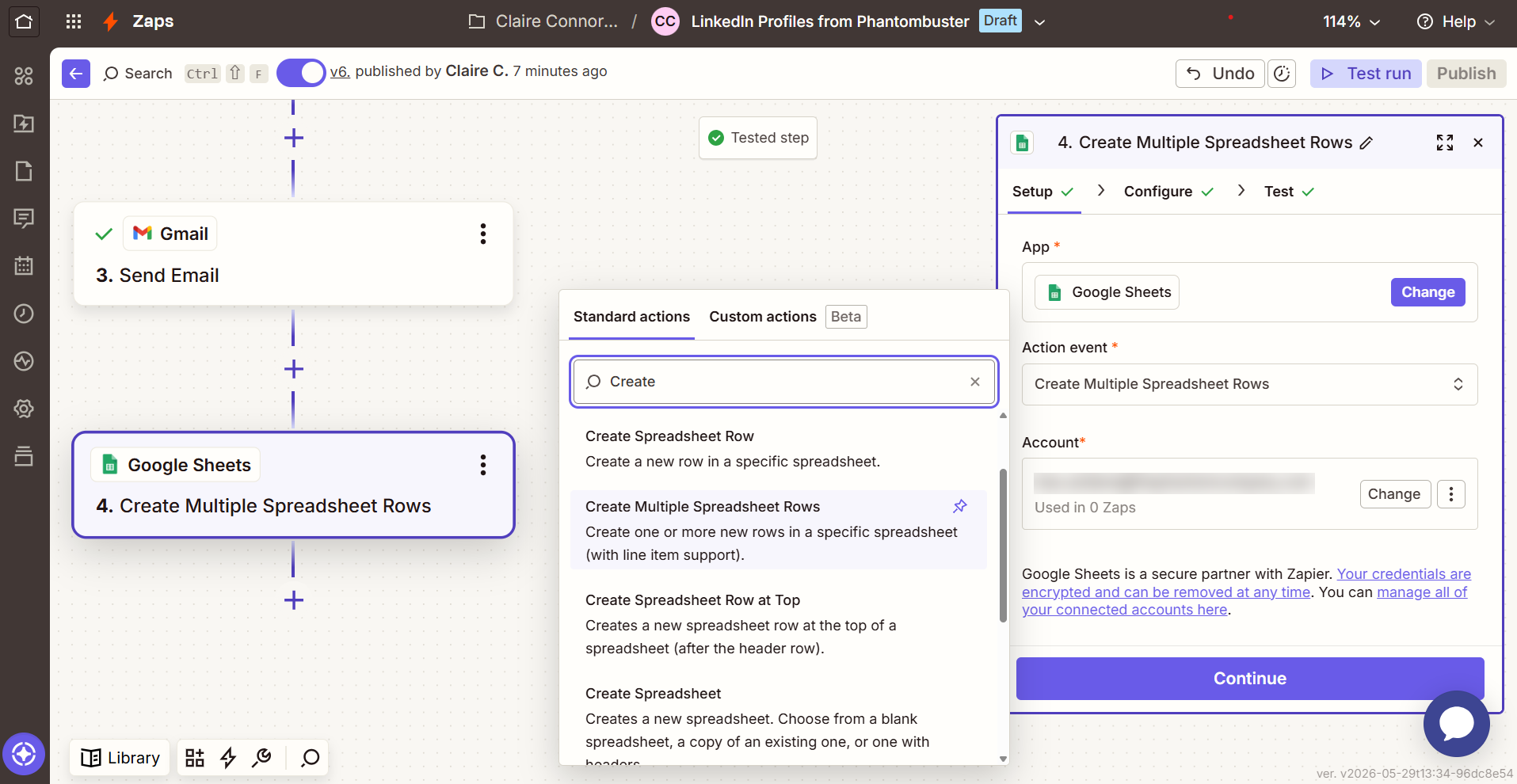 Google Sheets action step with Create Multiple Spreadsheet Rows selected