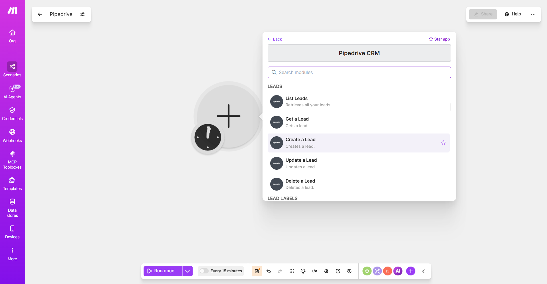 Shows Pipedrive CRM module with Create a Lead selected.png