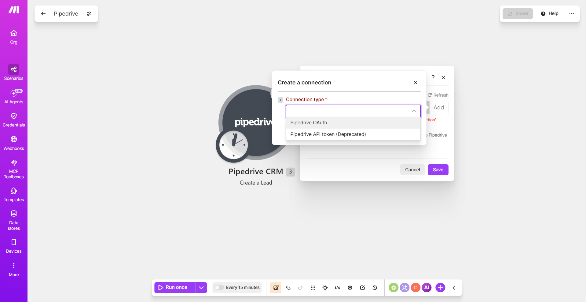 Create a Connection field, select Pipedrive OAuth selected