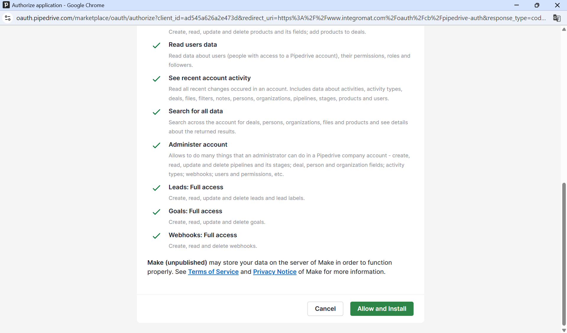 Authorisation Application screen - Allow and Install option selected