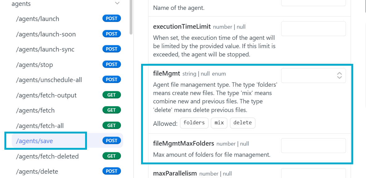 Showing method 3: set file management via /agents/save endpoint