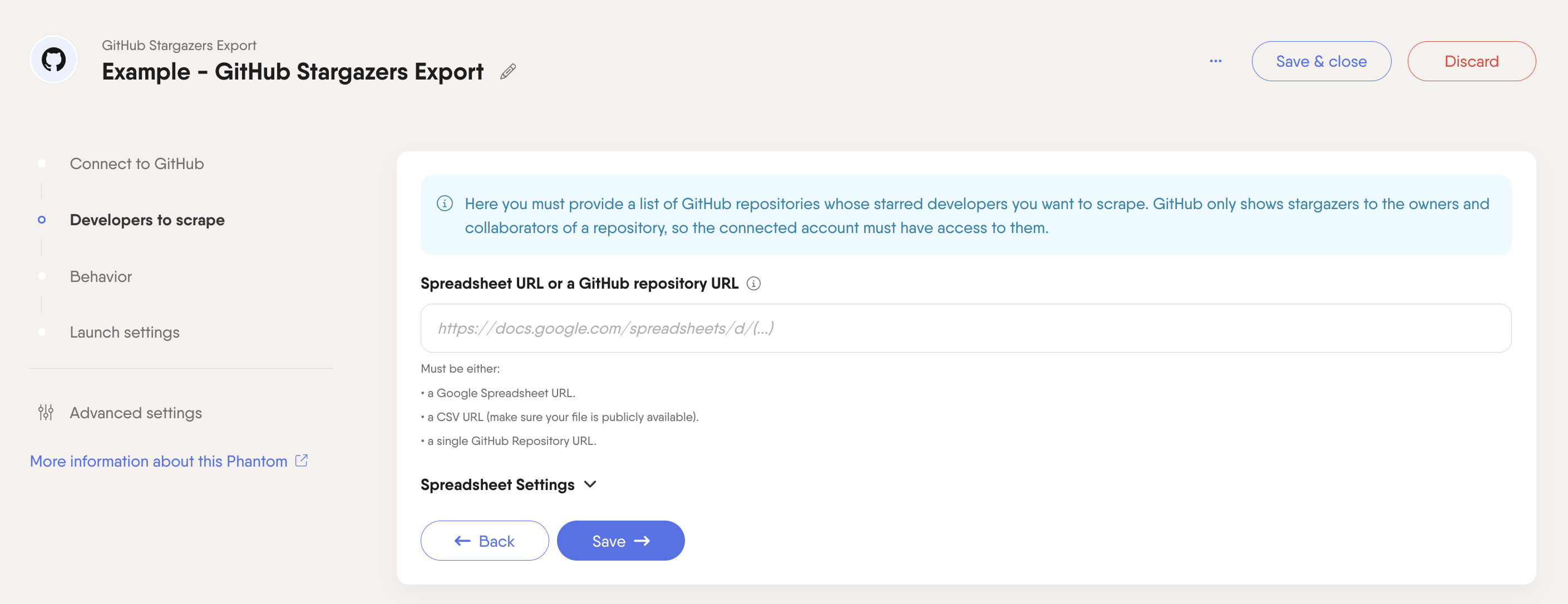 PhantomBuster GitHub Stargazers Export step 2 providing the GitHub repository URLs