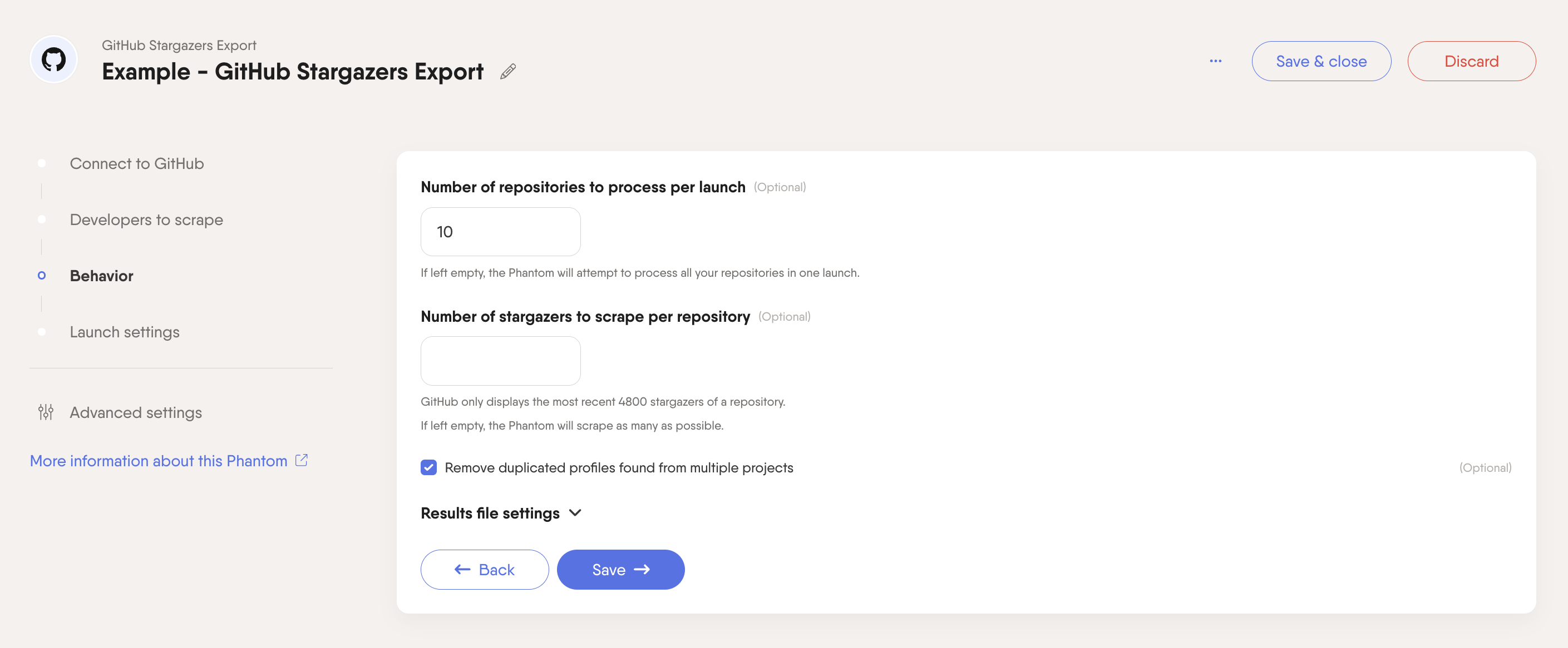 PhantomBuster GitHub Stargazers Export step 3 configuring repositories, stargazers per repo, and duplicate removal