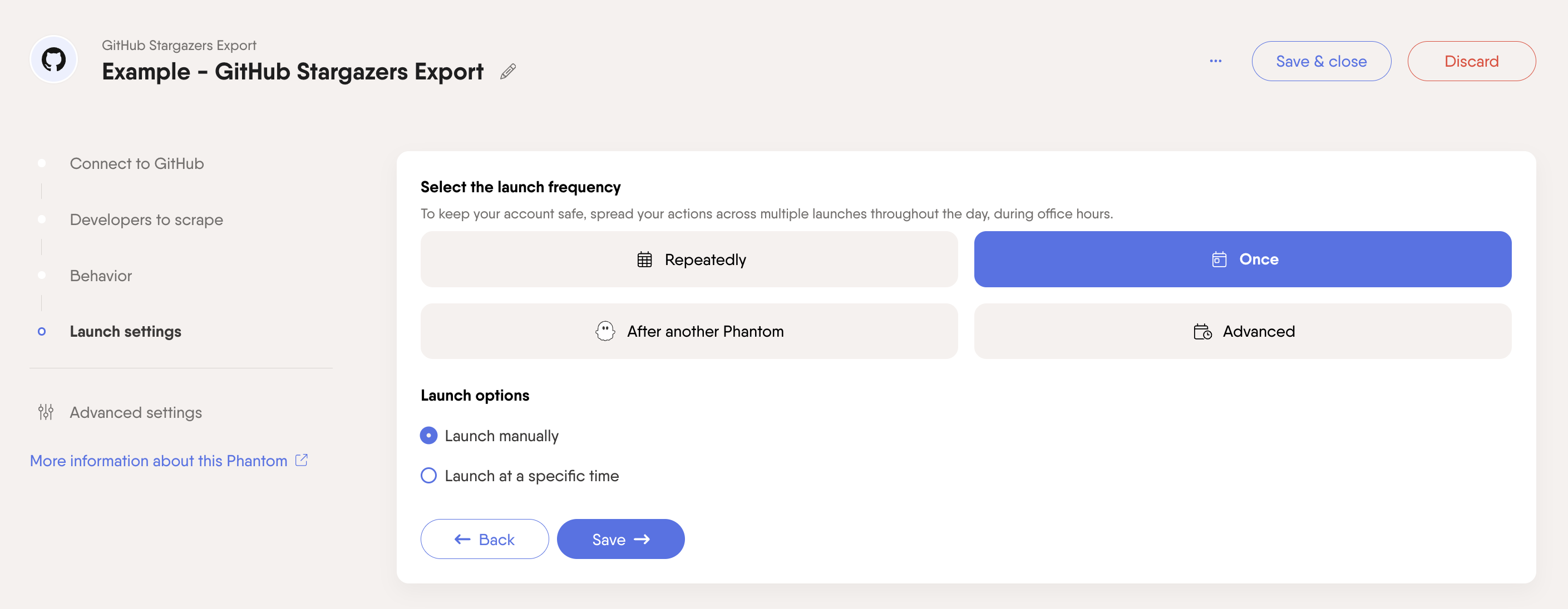 PhantomBuster GitHub Stargazers Export step 4 selecting the launch frequency
